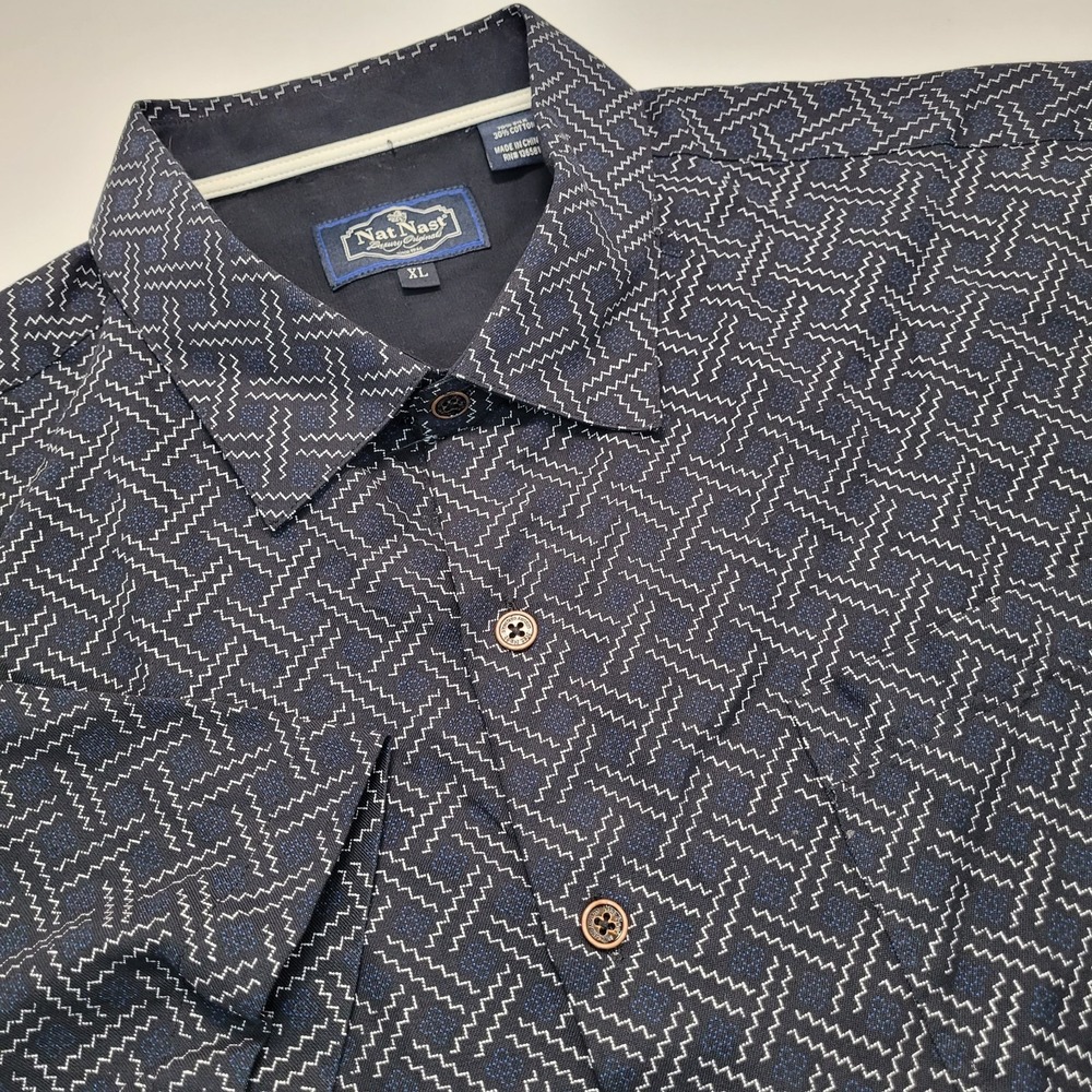 Nat Nast Button Down Shirt Mens XL Navy Blue Silk Cotton Zigzag Excellent